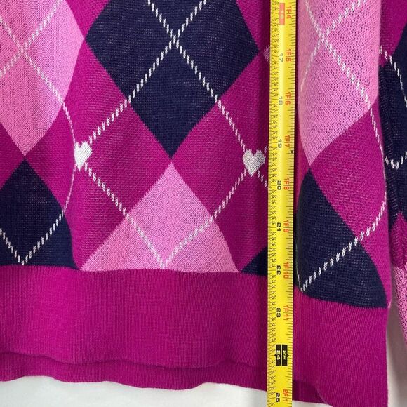 LOFT Argyle Sweater Puff Sleeve Heart Detail 100% Cotton Pullover Purple Pink M - Picture 4 of 9